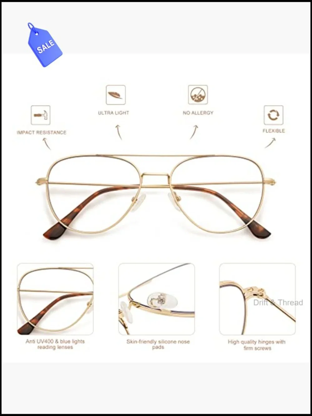 3-Pack Retro Aviator Reading Glasses Blue Light Blocking Square Metal Readers